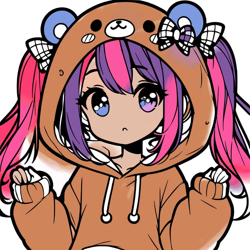 cute anime girl with ponytails and a cute bear hoodie
