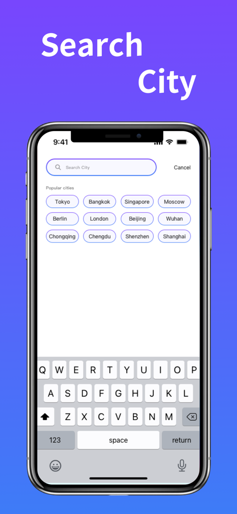 Ecrã de pesquisa de cidades da aplicação Weather Pro com sugestões de cidades populares