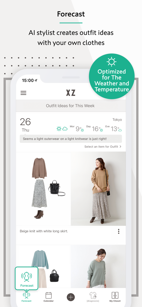 XZ(Closet) Fashion Outfits - XZ Closet app interface showing weather optimized outfit suggestions from an AI stylist.