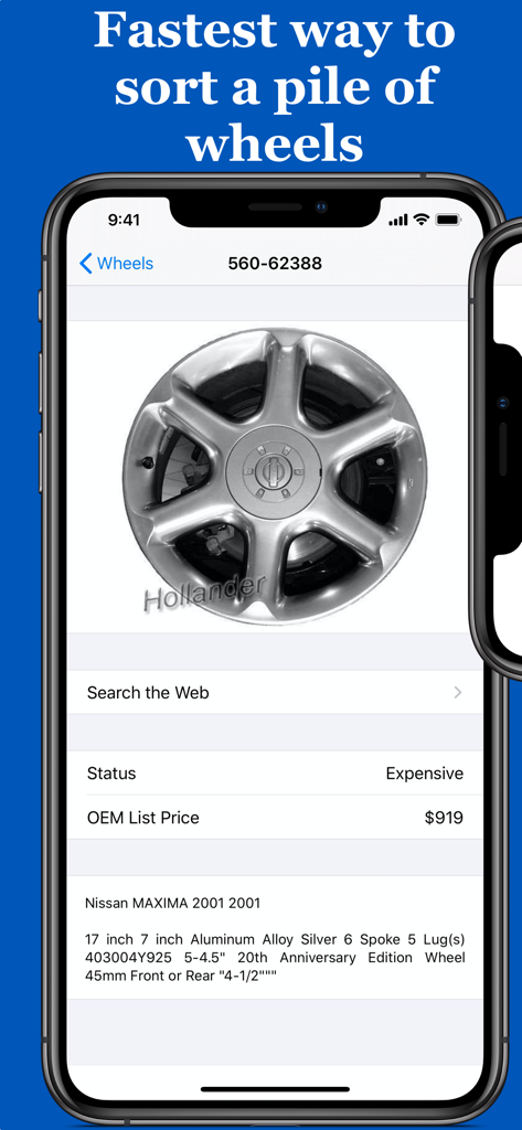 WheelSpotter - Écran de l'application WheelSpotter montrant les détails de la roue Nissan Maxima avec le numéro Hollander et la liste de prix OEM