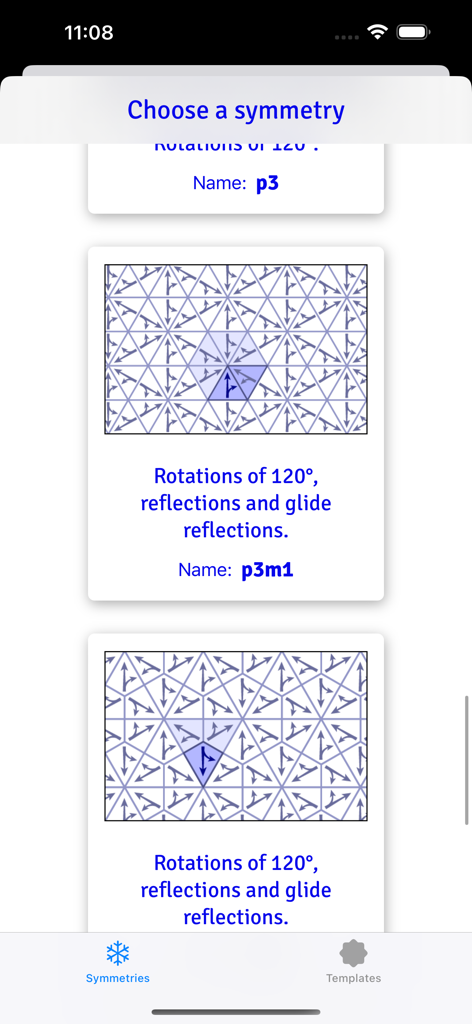 iSymmetry - Pattern Painting - Menü in der iSymmetry-App mit verschiedenen Tapetengruppen-Symmetriemustern wie p3 und p3m1 mit geometrischen Diagrammen.