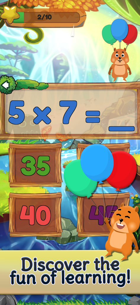 Kids multiplication quiz with a bear mascot and colorful balloons