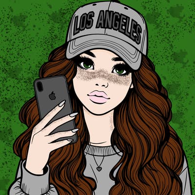 realistic beautiful girl wearing los ángeles cap holding an iphone