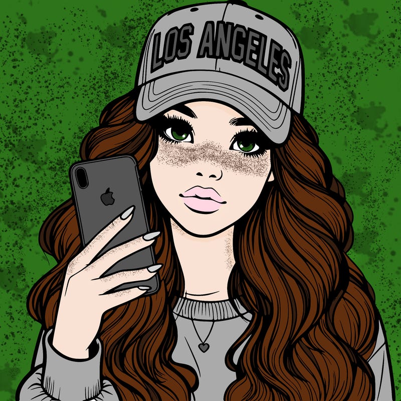 realistic beautiful girl wearing los ángeles cap holding an iphone