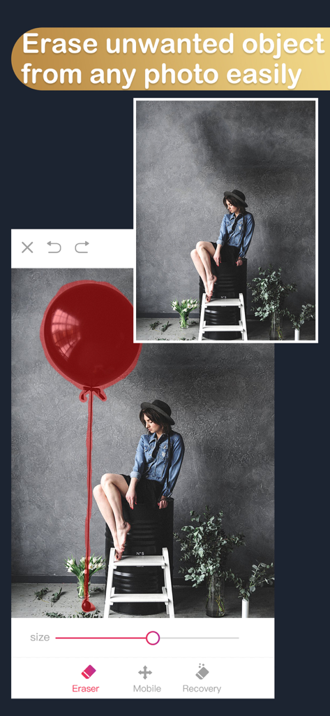 Eine mobile Oberfläche, die das Entfernen eines roten Ballons aus einem Porträt mit einem Objekt-Radiergummi-Werkzeug demonstriert.
