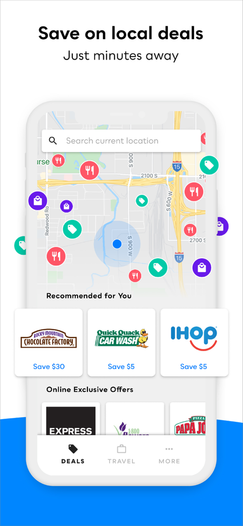 My Deals Mobile - My Deals Mobile app screen showing a map with local discount pins and recommended brand offers like IHOP and Quick Quack Car Wash