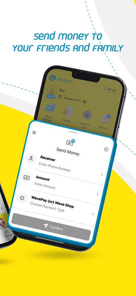 WavePay - WavePayアプリのモバイル画面。友人や家族への送金機能を表示しています。