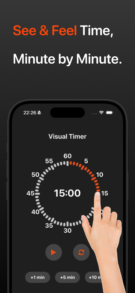 A smartphone showing the SeeTheTime app interface with a visual countdown timer set to 15 minutes
