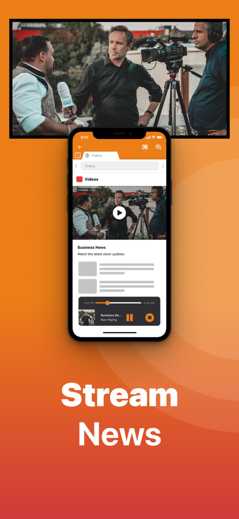 An iPhone casting a business news video to a television screen using the Firestick Remote app