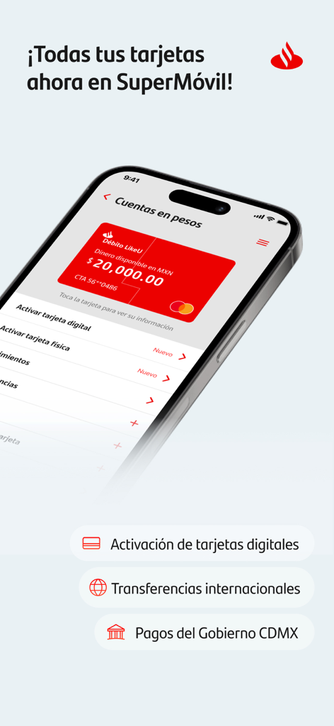 Aplicación móvil Santander SuperMóvil mostrando el saldo de la cuenta en pesos y opciones de transferencia internacional