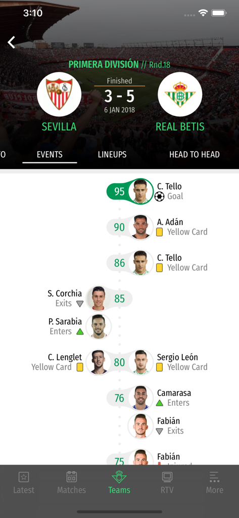 La app del Real Betis muestra una línea de tiempo detallada del partido con goles y tarjetas de un derbi contra el Sevilla