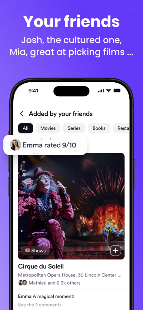 Memorizer: movies books series - Smartphone screen displaying the Memorizer app social feed with recommendations and reviews for shows from friends