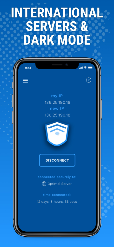 Hotspot Private Wifi - VPN 4U - Interface of the Hotspot Private Wifi app featuring dark mode and international server connection status