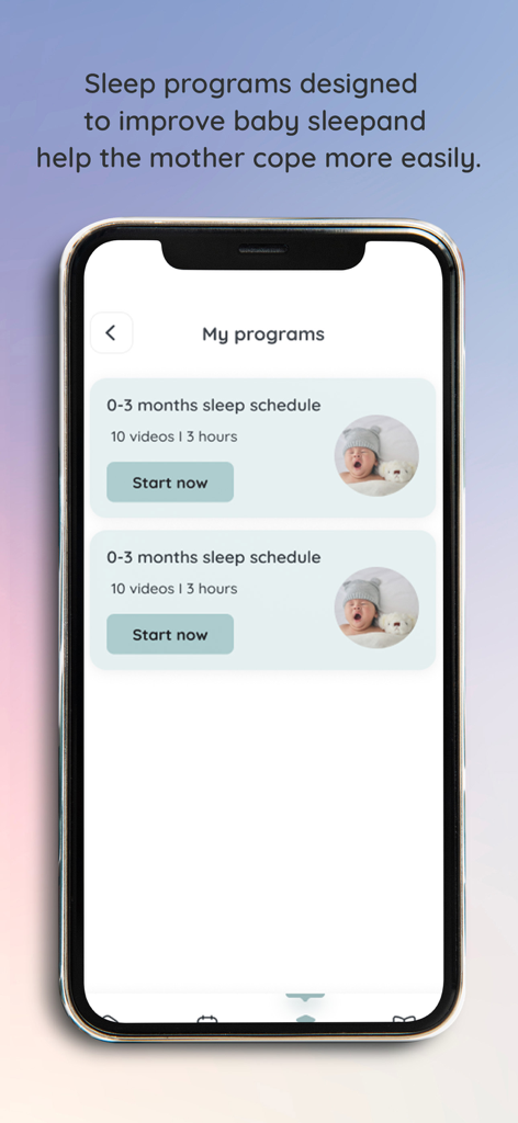 Sinana - Për bebin dhe nënën - Sinana mobile app displaying sleep programs for babies aged 0 to 3 months