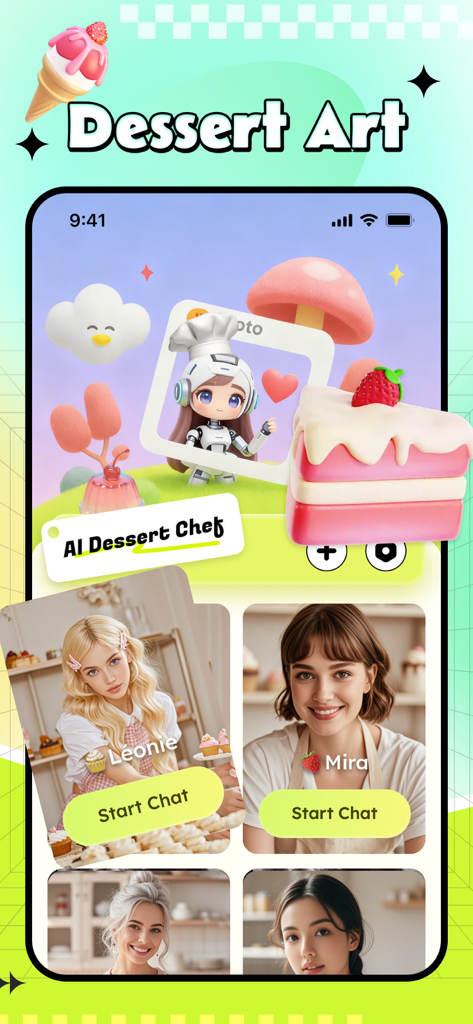 Antii - Adult，GirlFriend Chat - Interface of the Antii app featuring AI female companions Leonie and Mira in a pastry chef themed chat menu