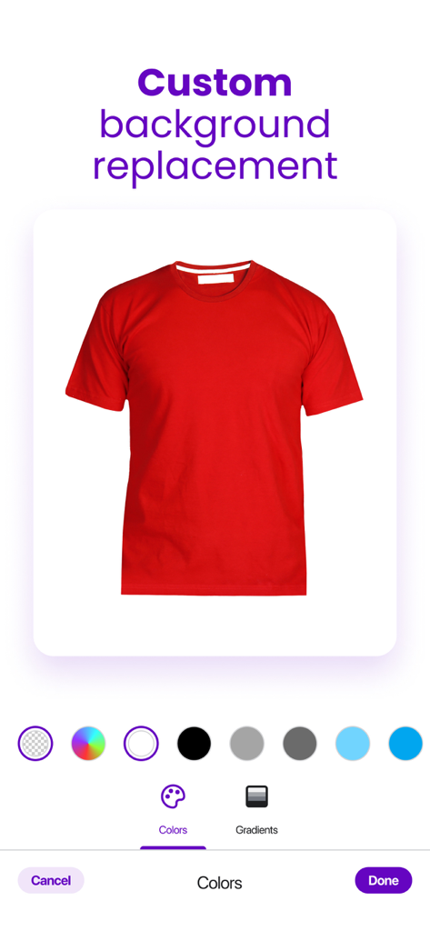 AI Background Editor - Ereasy - Ereasy app interface showing custom background replacement for a red t-shirt product photo