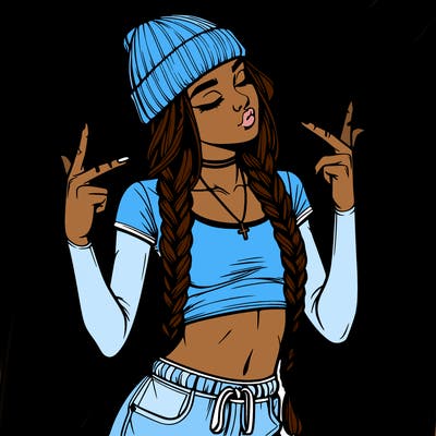 realistic teenage girl with braids and a beanie and crop top doing 🫶🏼