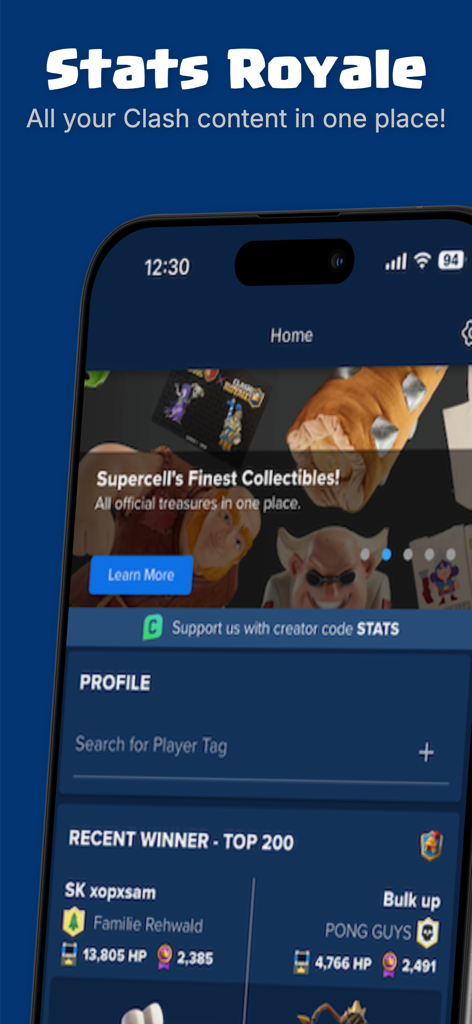 Stats Royale home screen showing player profile search and top winners leaderboard for Clash Royale.