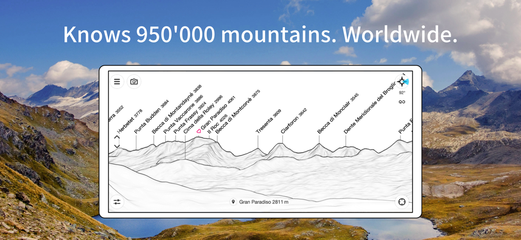 PeakFinder - PeakFinder app displaying identified mountain peaks with names and elevations in a digital panorama.