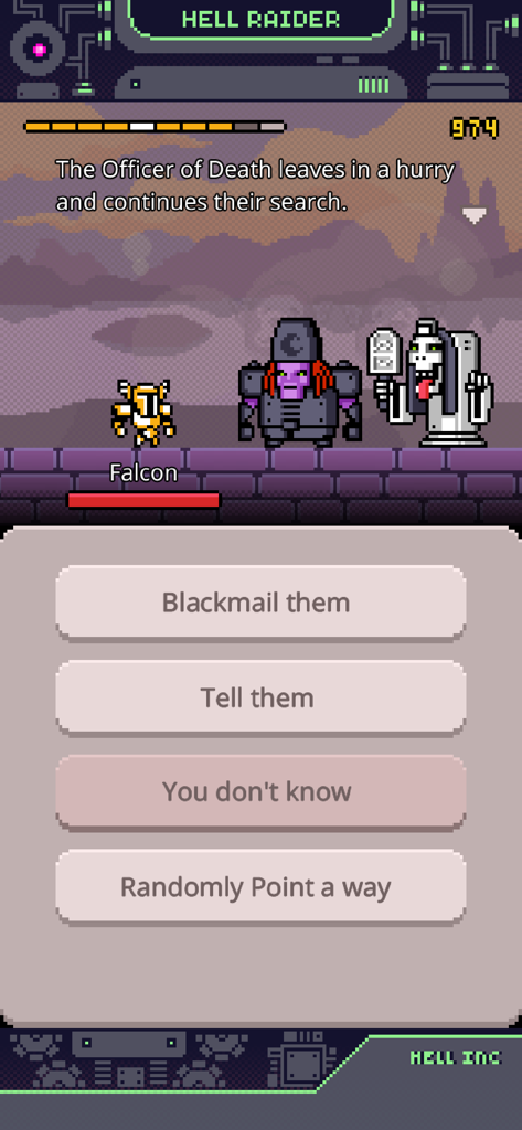 Gameplay screenshot of Hell Raider showing a story event with four dialogue choices in a pixel art style.