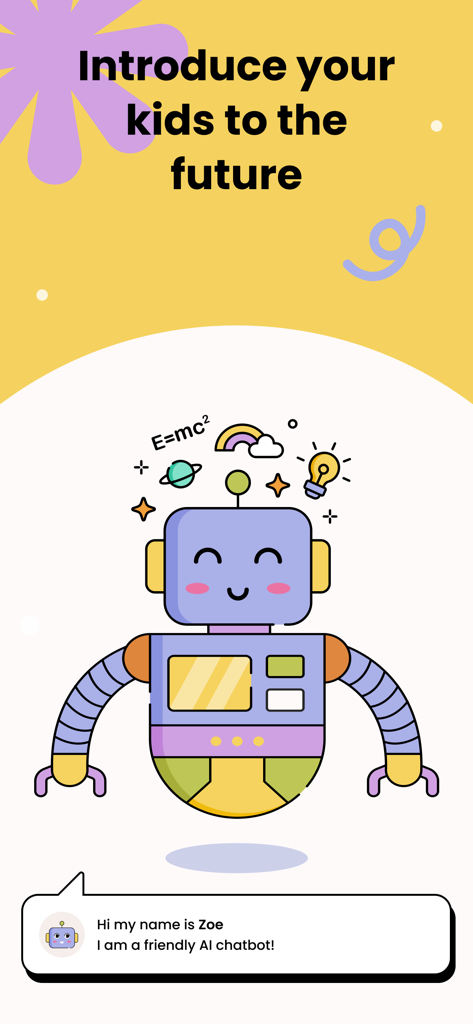 Friendly robot character Zoe introducing herself as a safe AI chatbot for kids.