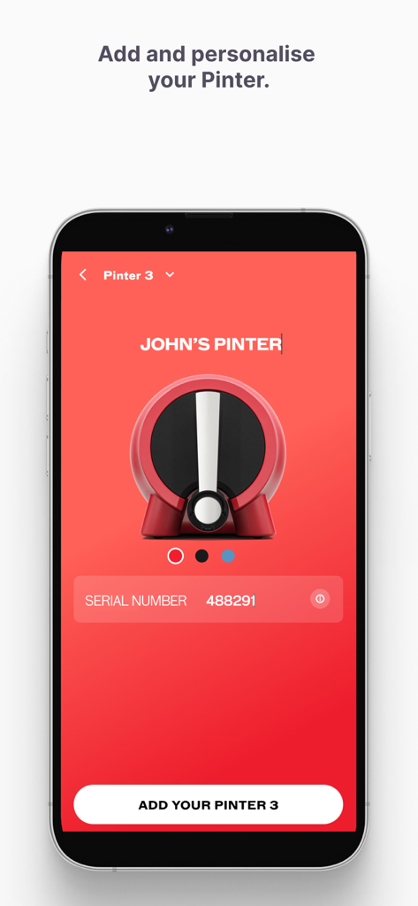 Pinter App - Una schermata di un'app mobile per aggiungere e personalizzare una macchina per la produzione casalinga Pinter 3