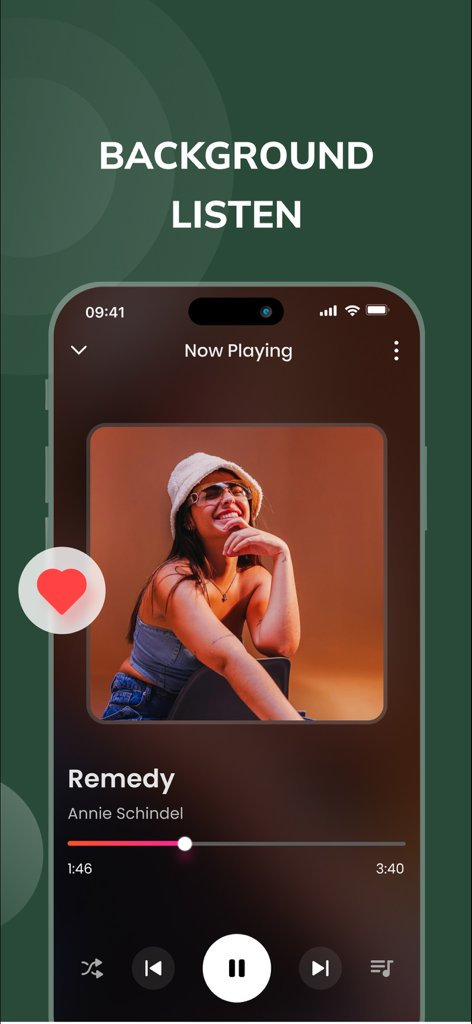 Wakee app Now Playing screen displaying background listen feature and offline music controls