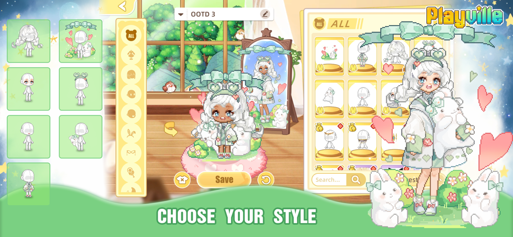 PlayVille mobile game character customization screen featuring a pixel art avatar and fashion inventory