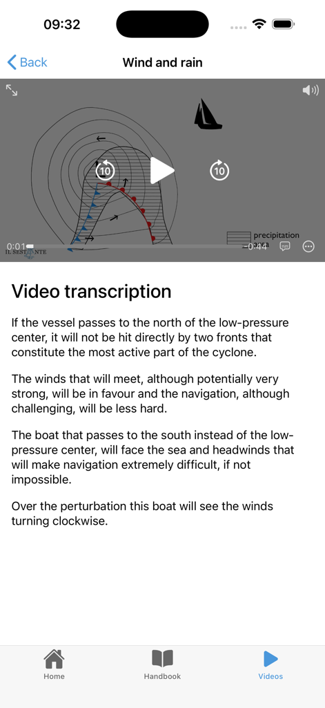 Educational video lesson in the Marine Meteorology app showing a meteorological diagram and text transcription about wind and rain.
