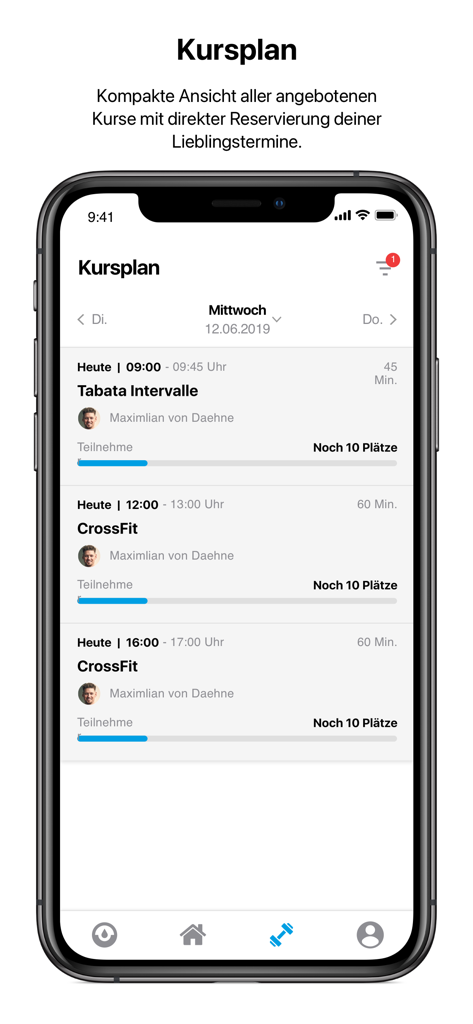 beneFit Fitness - Interface of the beneFit Fitness app showing a detailed schedule of gym classes like CrossFit and Tabata