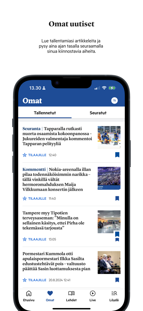 Aamulehti - User interface of the Aamulehti news app displaying a list of saved local Finnish news articles.