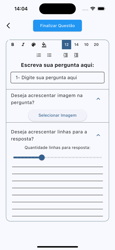 Criar Atividades Escolares Pro - Mobile app interface for creating school questions with text formatting and adjustable response lines