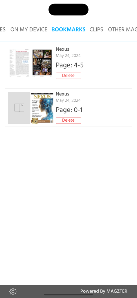 Bookmarks screen in the Nexus Magazine app showing saved magazine pages and dates