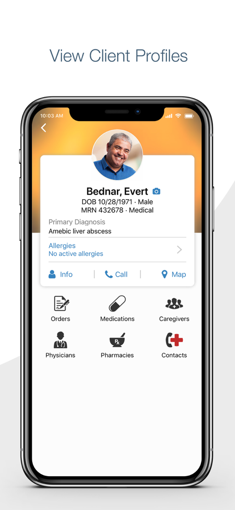 Axxess HomeCare mobile app screen showing a detailed client profile with patient information, primary diagnosis, and medical care options.
