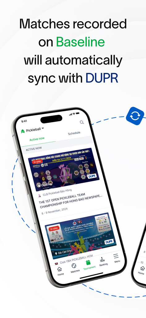 Baseline - Tennis & Pickleball - Baseline - テニス＆ピックルボールのモバイルアプリのスクリーンショットで、試合記録をDUPRレーティングに自動同期する機能が表示されています