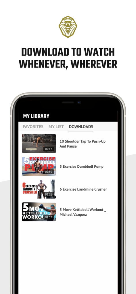 MV Fit by Michael Vazquez - MV Fit app interface showing the My Library screen with downloaded workout videos for offline viewing
