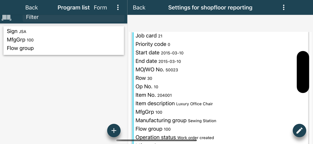 Jeeves ERP - Jeeves ERP mobile interface for shopfloor reporting showing job card details and manufacturing settings