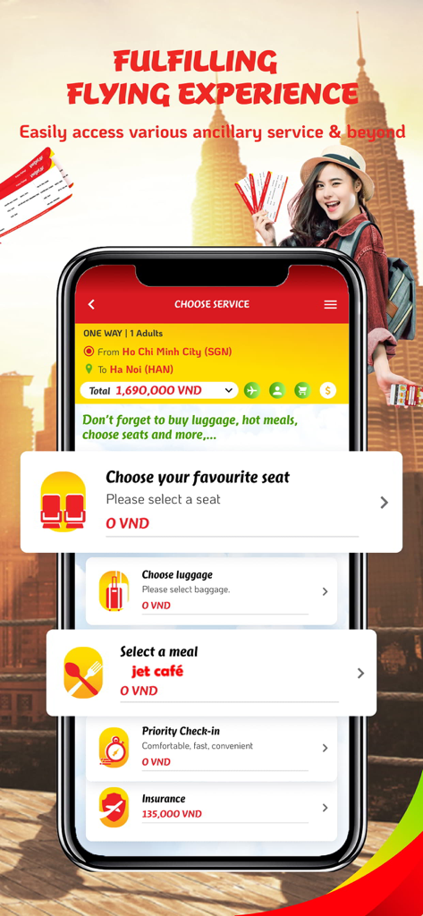 ベトジェットエアのモバイルアプリ。フライト予約のための座席、食事、手荷物の選択が表示されています。