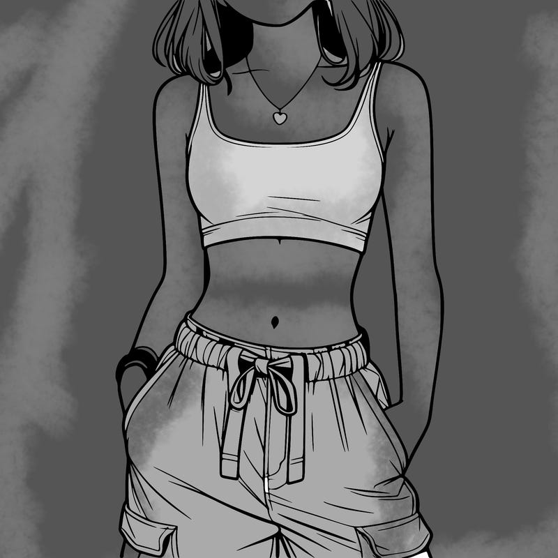 realistic girl wearing a crop top and a baggy pair of cargo pants