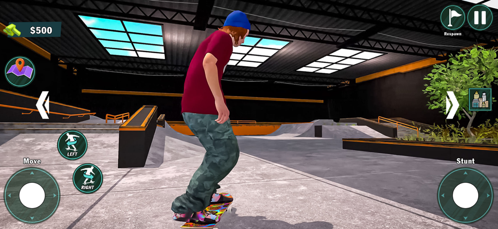 A character on a skateboard in a 3D indoor skatepark with ramps and on-screen controls.
