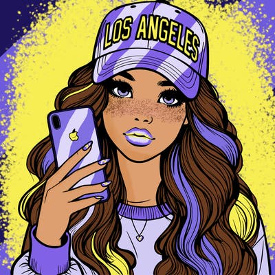 realistic beautiful girl wearing los ángeles cap holding an iphone