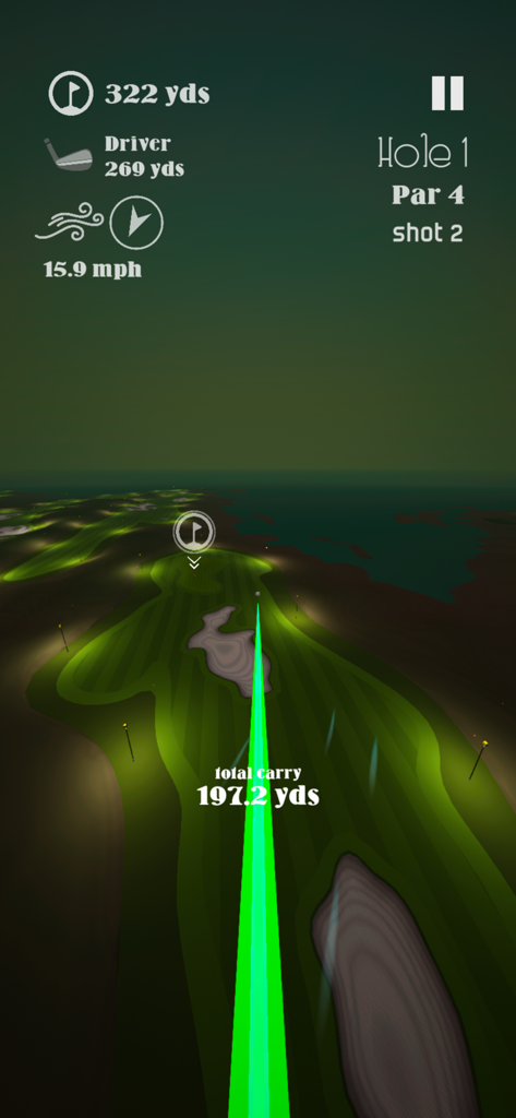 Stinger Golf gameplay screenshot showing a shot trajectory line and technical data on a night course