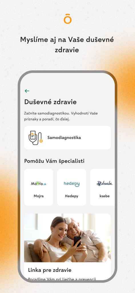 Dôvera - Sección de salud mental de la aplicación móvil Dôvera que presenta autodiagnóstico y servicios especializados.