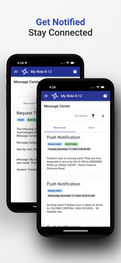 Smartphone screen displaying My Ride K12 app message center with school bus push notifications and district alerts