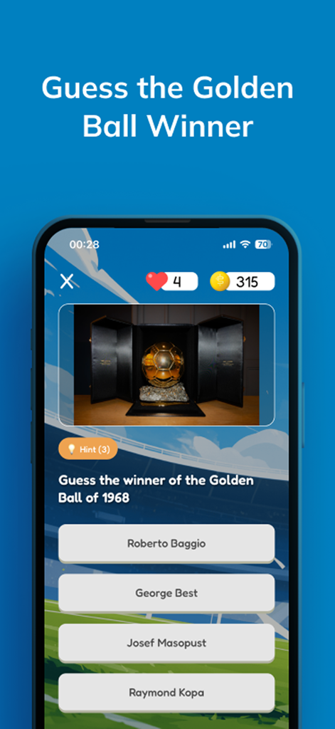 Football Quiz - Tiki Taka - Football quiz mobile game showing a question about the 1968 Golden Ball winner