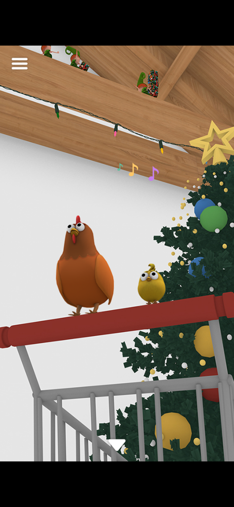 Escape Game: Ho Ho Ho! - Eine niedliche braune Henne und ein kleines gelbes Küken sitzen auf einer Balustrade in der Nähe eines geschmückten Weihnachtsbaums.