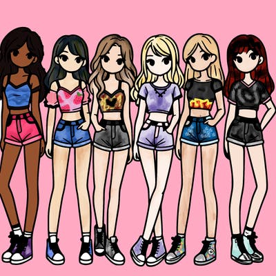 a group of girls wearing crop tops and shorts
