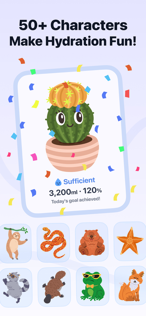Water Tracker app interface displaying fun animal characters and a successful daily hydration goal
