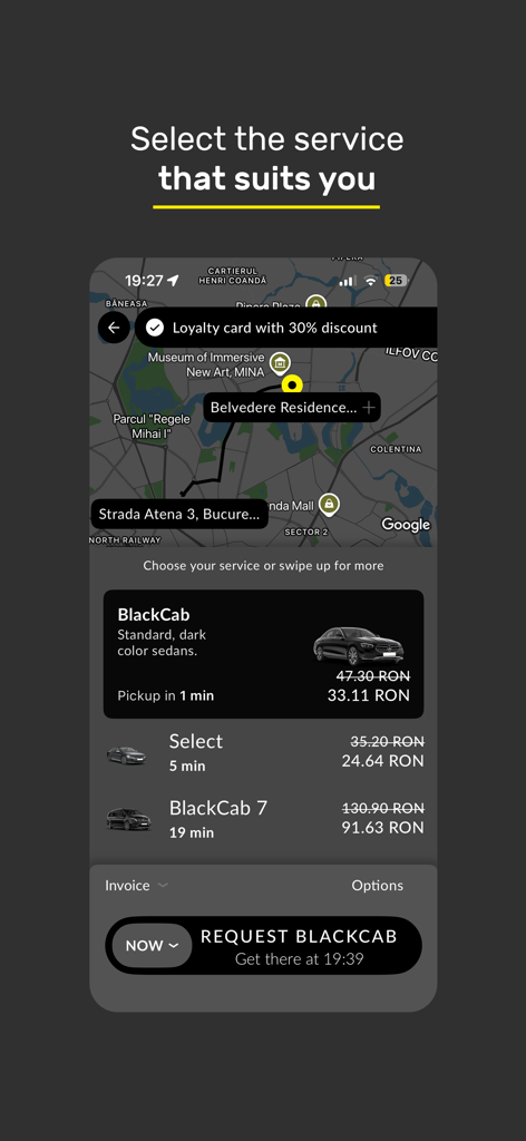 BlackCab - BlackCab app screen displaying various ride options and prices with a loyalty discount banner