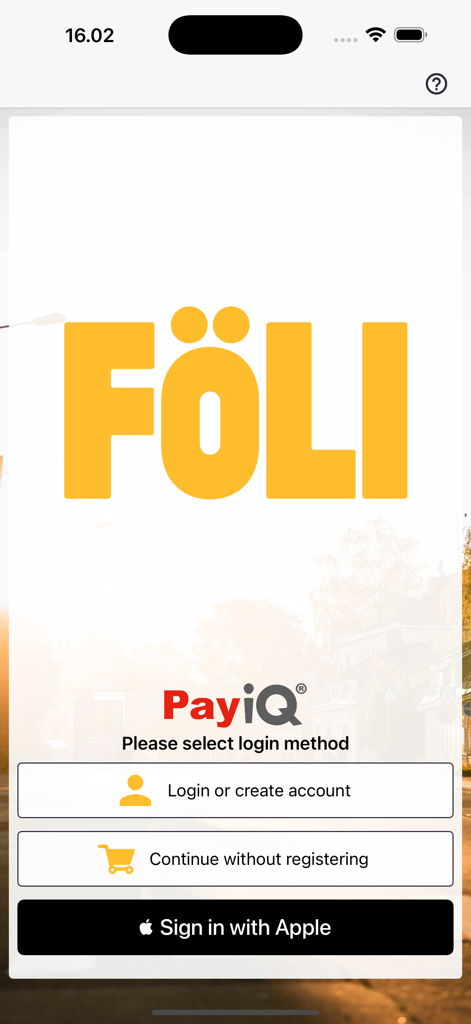 Login screen of the Foli transit app showing options for signing in or guest access.